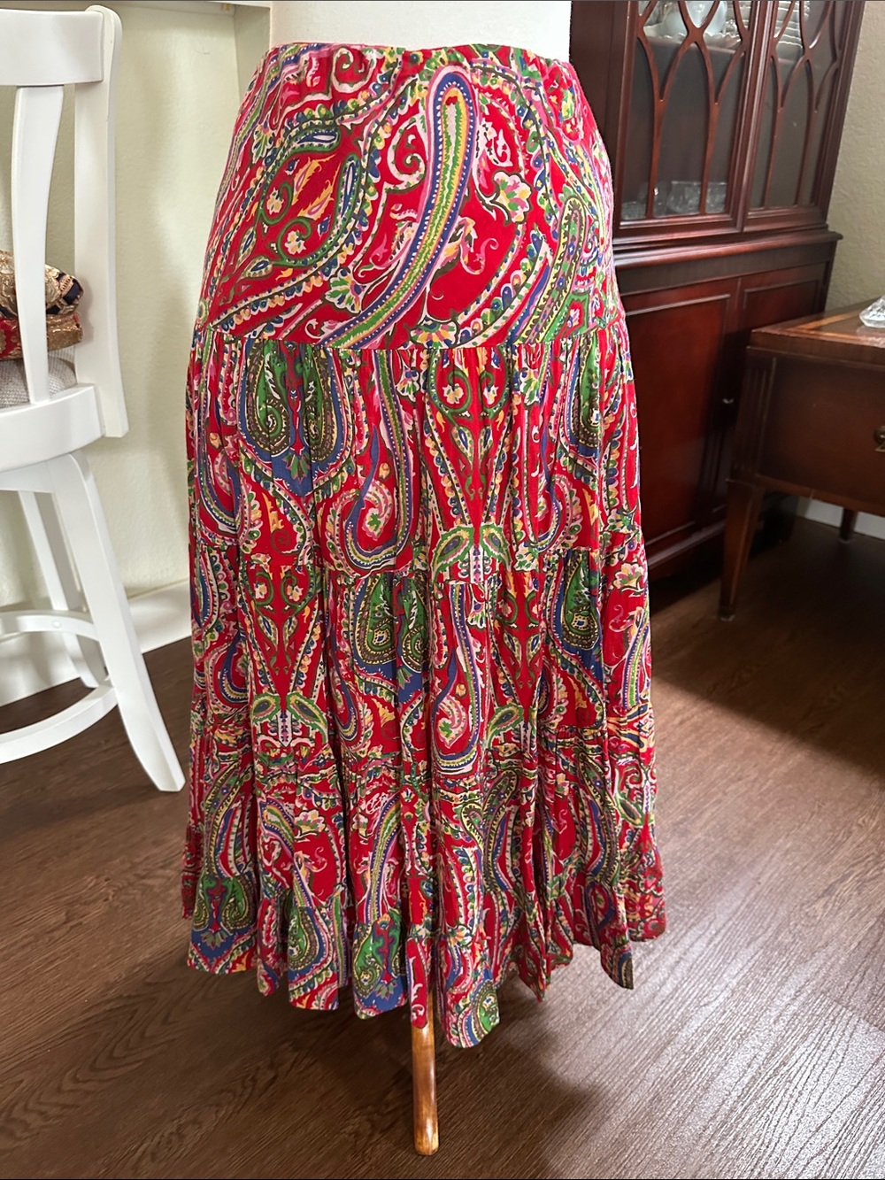 Ralph Lauren Red Paisley Tiered Maxi Skirt with Green & Blue Accents